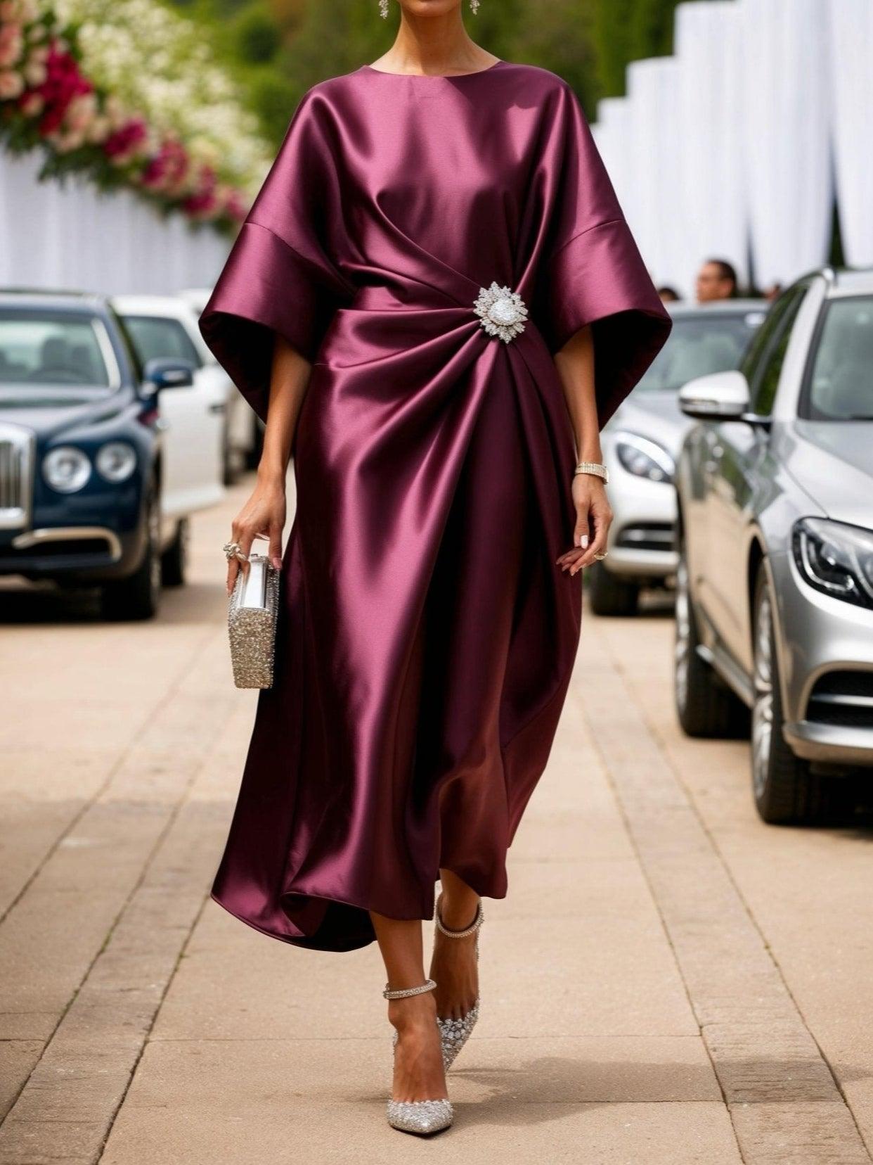Lucia™ |Satin dress with jewelled drape and wide sleeves