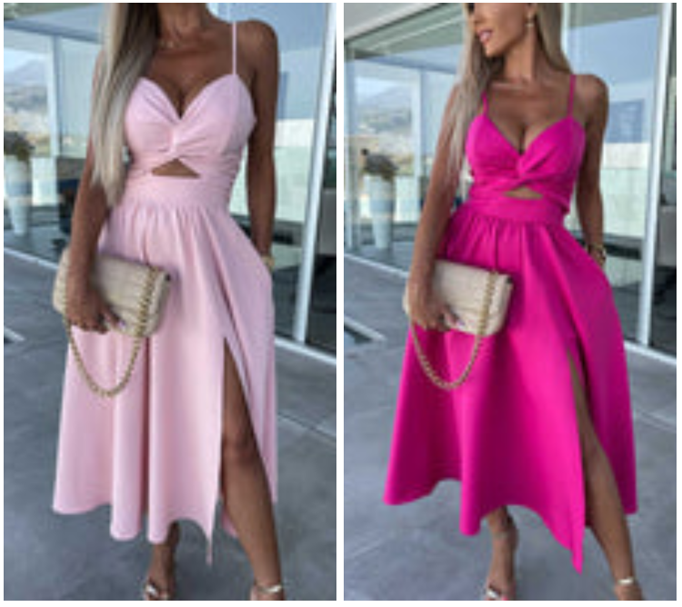 Vanette - Elegant Strappy Front Slit Midi Dress