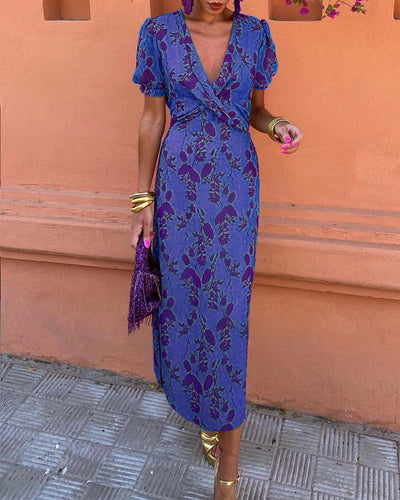 Aria™ | Chic Deep V-Neck Dress with Leaf Design