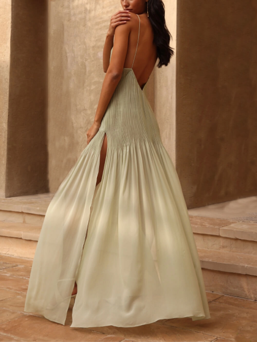 Noelia – Long Pleated Dress with Patchwork and Back Opening