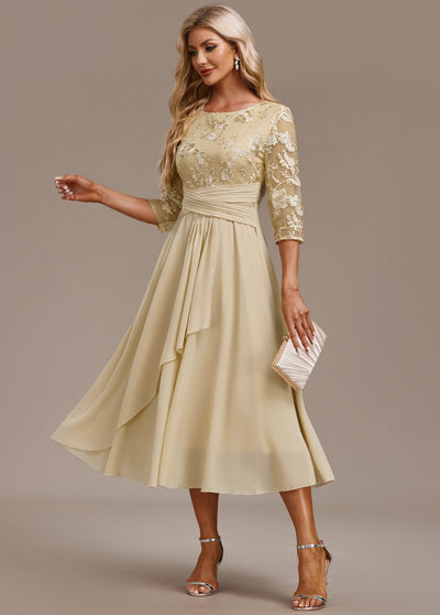 Karla™ | Champagne Embroidery 3/4 Sleeve Round Neck Dress