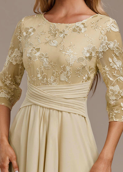 Karla™ | Champagne Embroidery 3/4 Sleeve Round Neck Dress