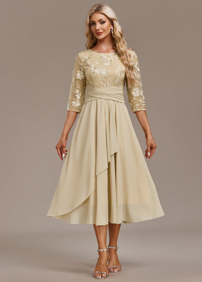 Karla™ | Champagne Embroidery 3/4 Sleeve Round Neck Dress