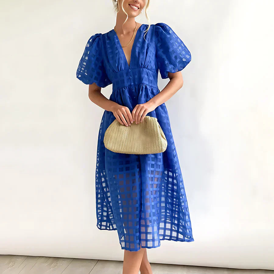 Cindy - Classic Patterned Puff Sleeve Midi Dress
