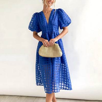 Cindy - Classic Patterned Puff Sleeve Midi Dress