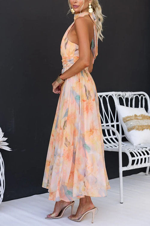 Johanna™ | Halter Neck Open Back Waisted Watercolor Print Maxi Dress