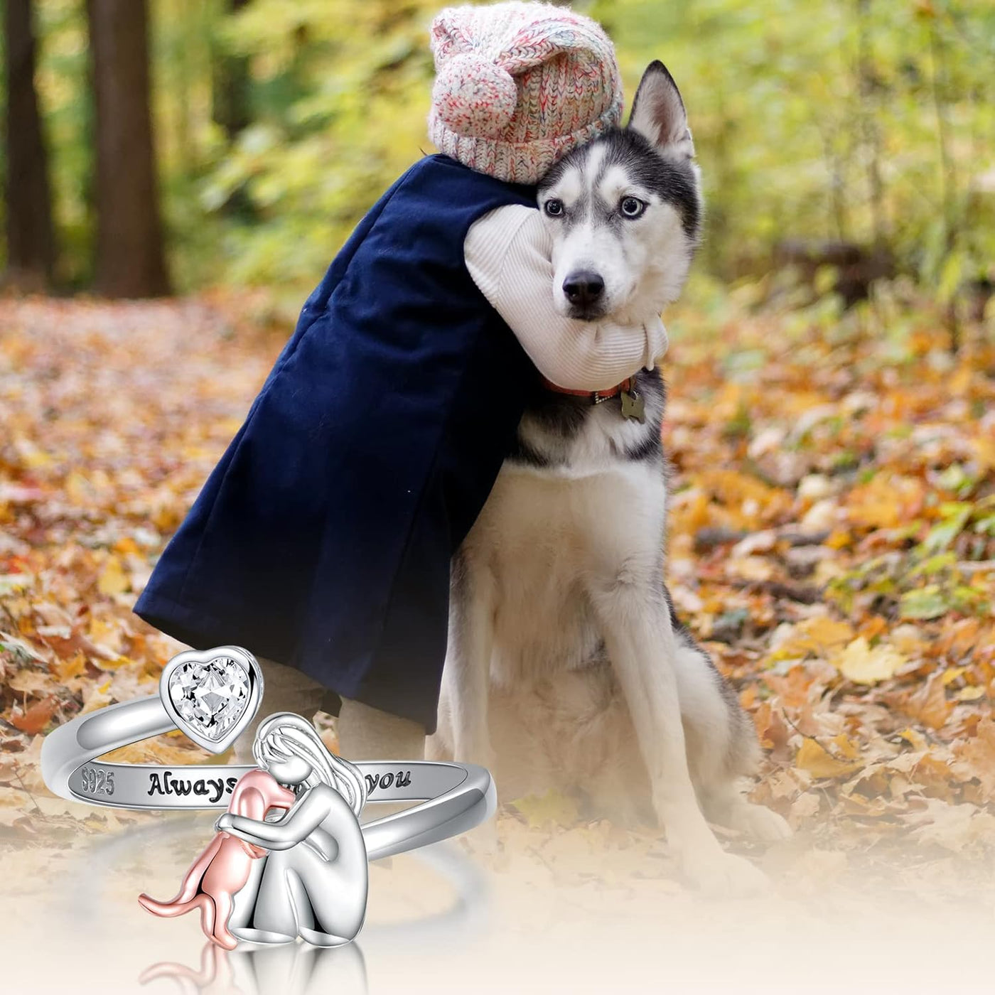 Adjustable Dog Ring in Silver – “Always in My Heart” with Zirconia