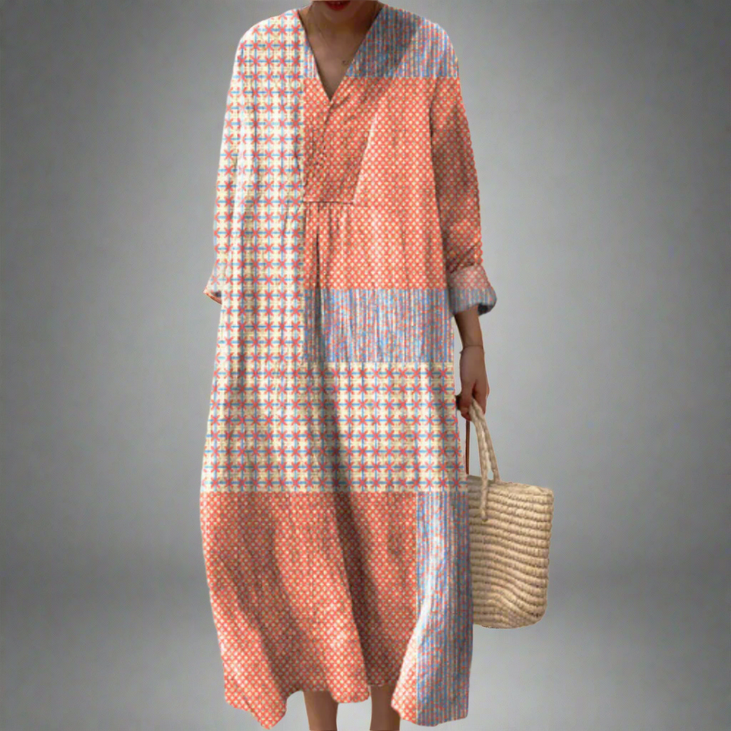 Nora™ | Patchwork Midi Dress with Coral and Star Pattern
