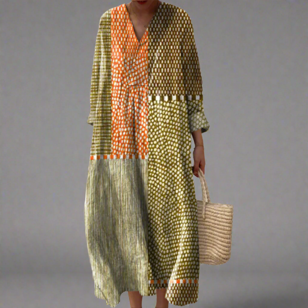 Christine - Earthy Patchwork Dotted Midi Dress