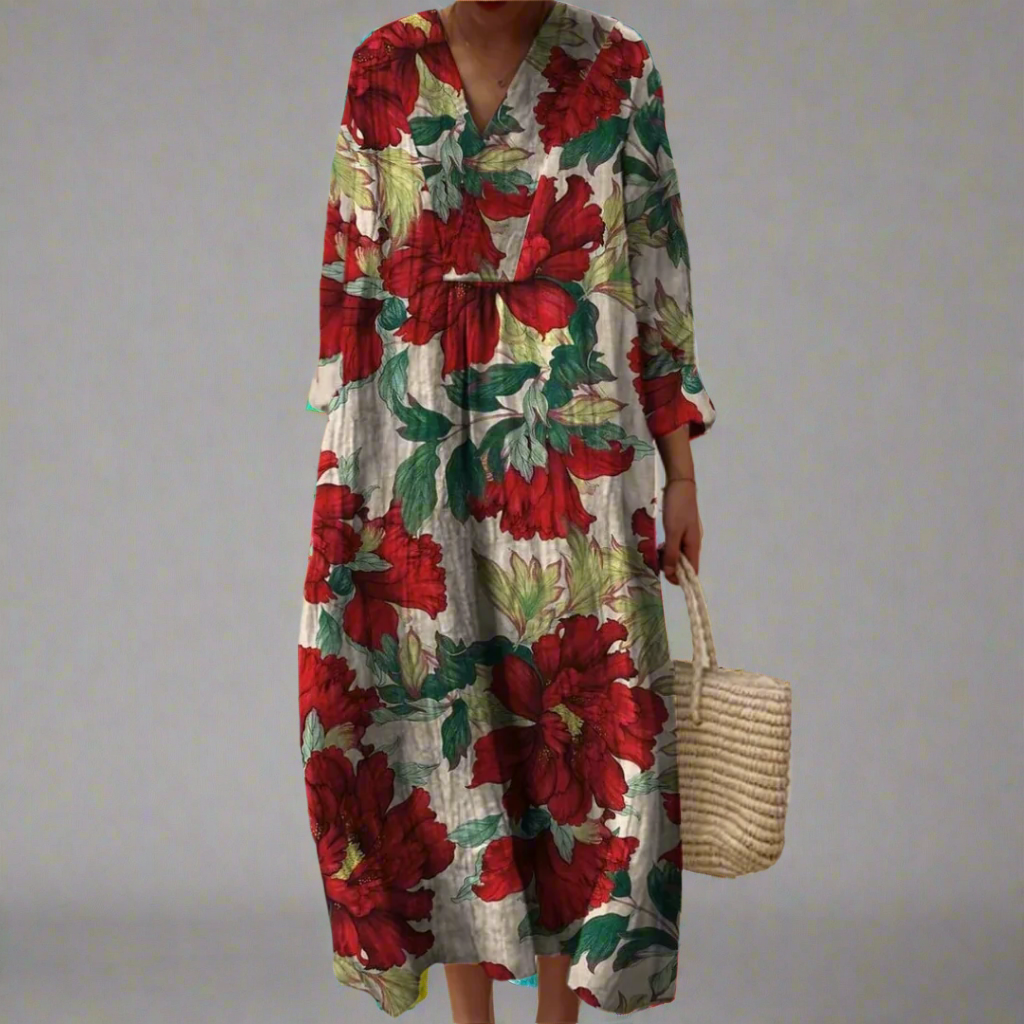 Mary - Bold Peony Print Relaxed Maxi Dress
