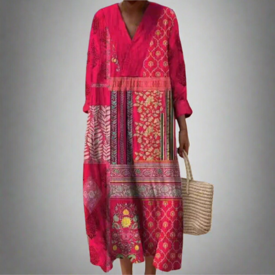 Maisie™ | Boho Midi Dress with Patchwork and Long Sleeves