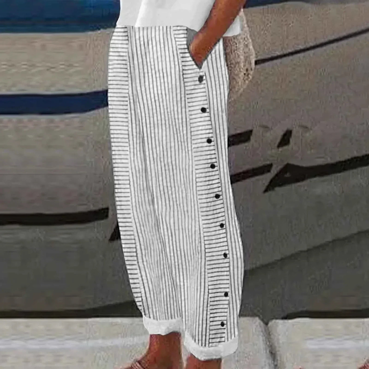 Anna - Seabreeze Stripe Button Trousers