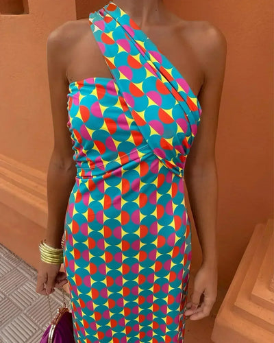 Irmgardi - Colorful Asymmetric Neckline Dress