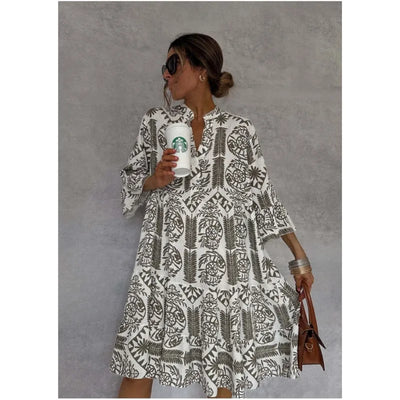 Adeline™ | Printed V-Neck A-Line Skirt Dress