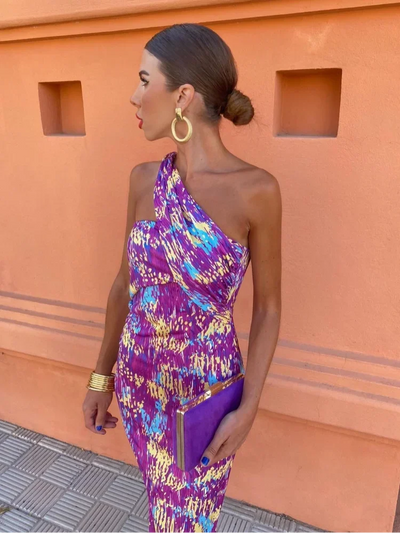 Irmgardi - Colorful Asymmetric Neckline Dress