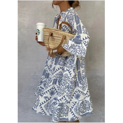 Adeline™ | Printed V-Neck A-Line Skirt Dress