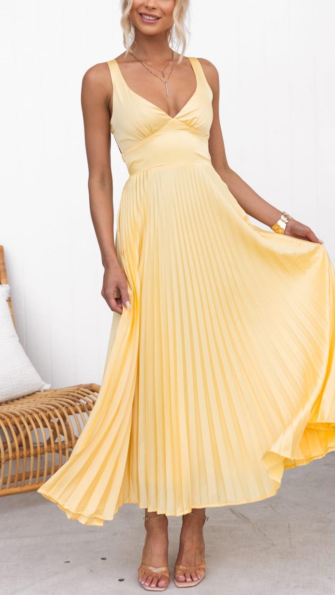 Aby - Yellow Pleated V-Neck Maxi Dress