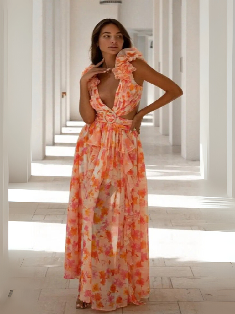 Lexi - Elegant Backless Ruffles Maxi Dress