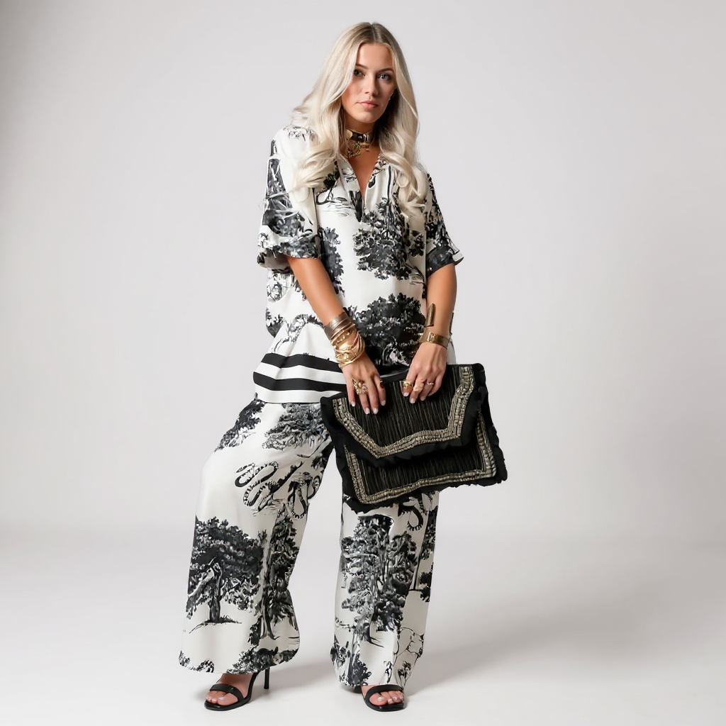 Hazel | Printed V-Neck Top & Long Pants