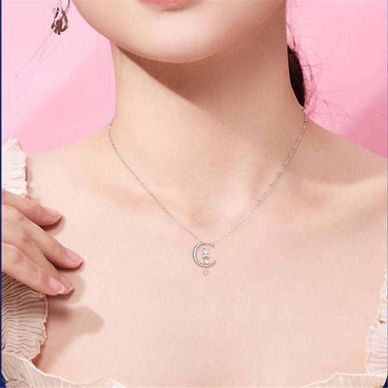 Moonstone Crescent and Cat Necklace