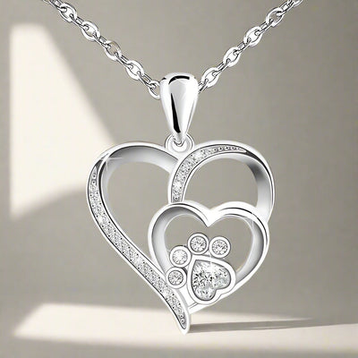 Sterling Silver Paw & Heart Necklace with Zirconia