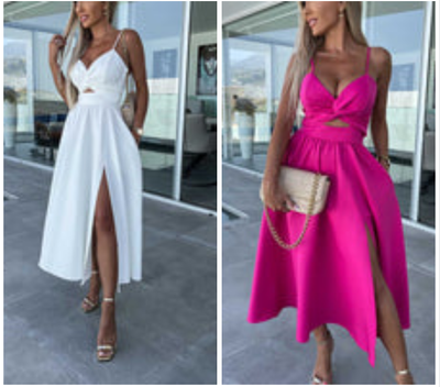 Vanette - Elegant Strappy Front Slit Midi Dress