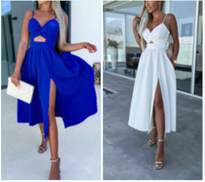 Vanette - Elegant Strappy Front Slit Midi Dress