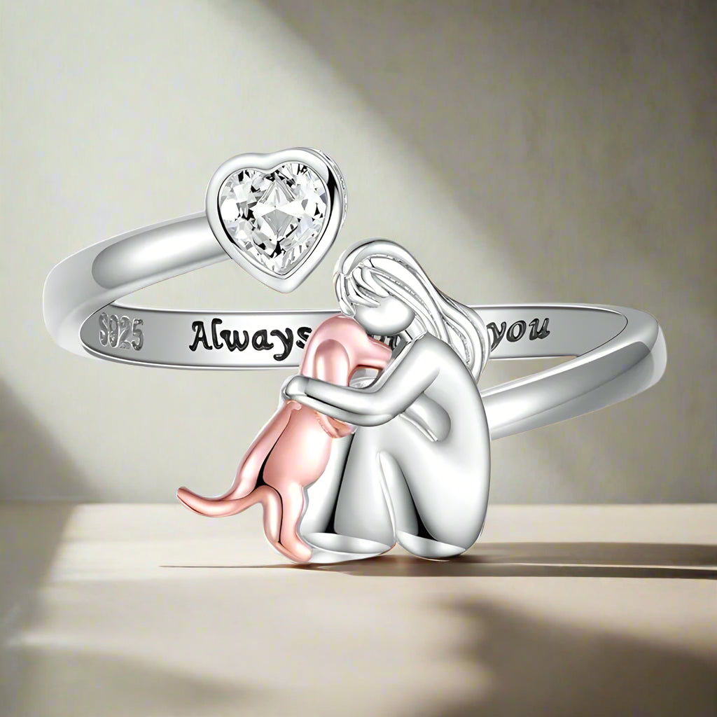 Adjustable Dog Ring in Silver – “Always in My Heart” with Zirconia